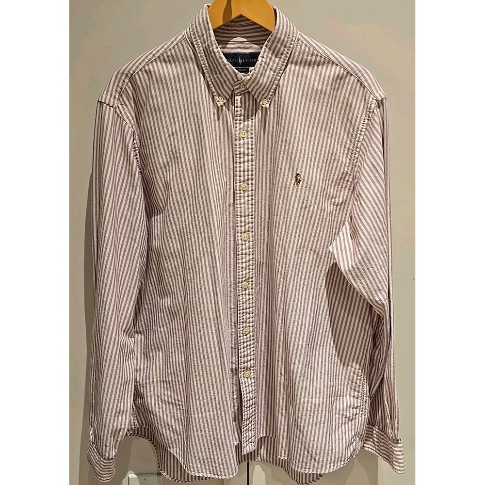 Ralph Lauren Mens XXL Classic Fit Striped‎ Oxford Button Down Shirt Burgundy